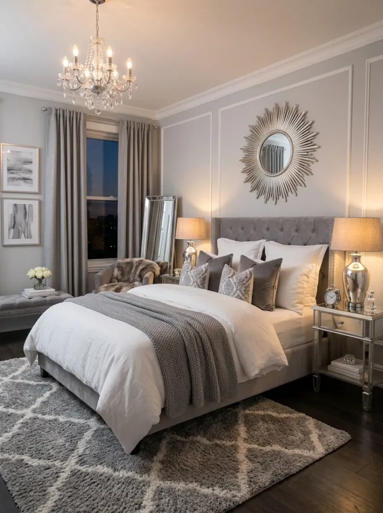 Elegant bedroom with grey and white decor enhanced by metallic lamps and accessories adding a subtle glamorous touch
