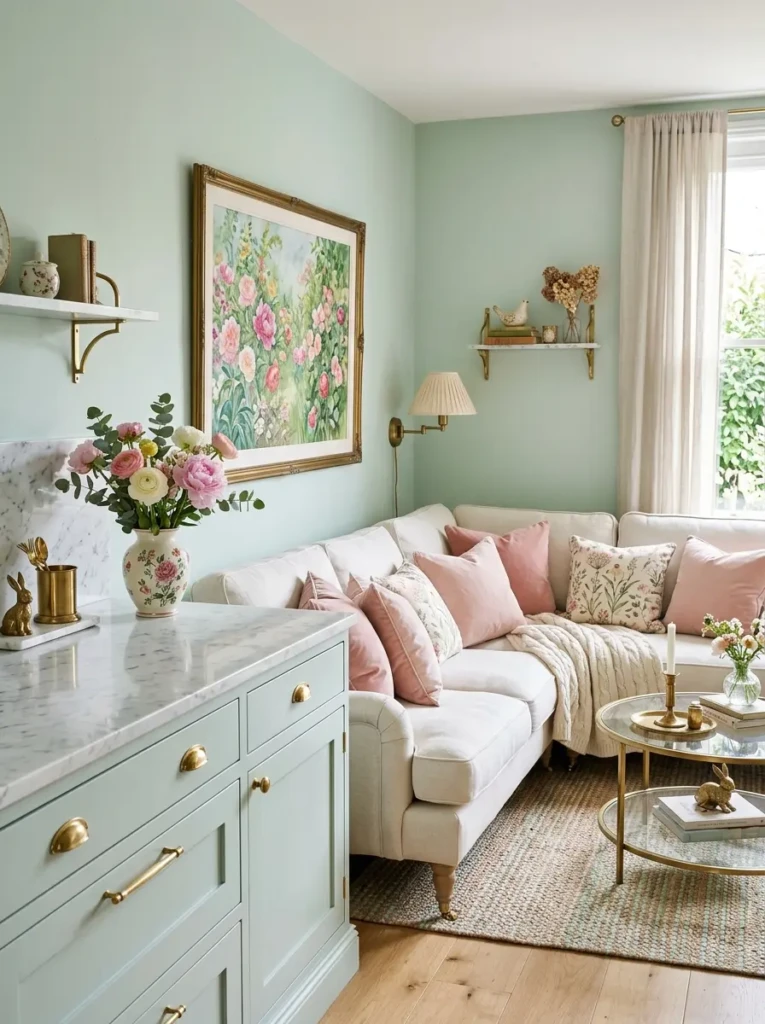 Stylish interior with brass details, marble surfaces, and blush pink accents