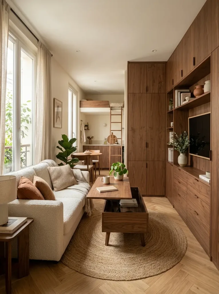 Cozy apartment with lift-top coffee table, boucle textures, and smart storage furniture.