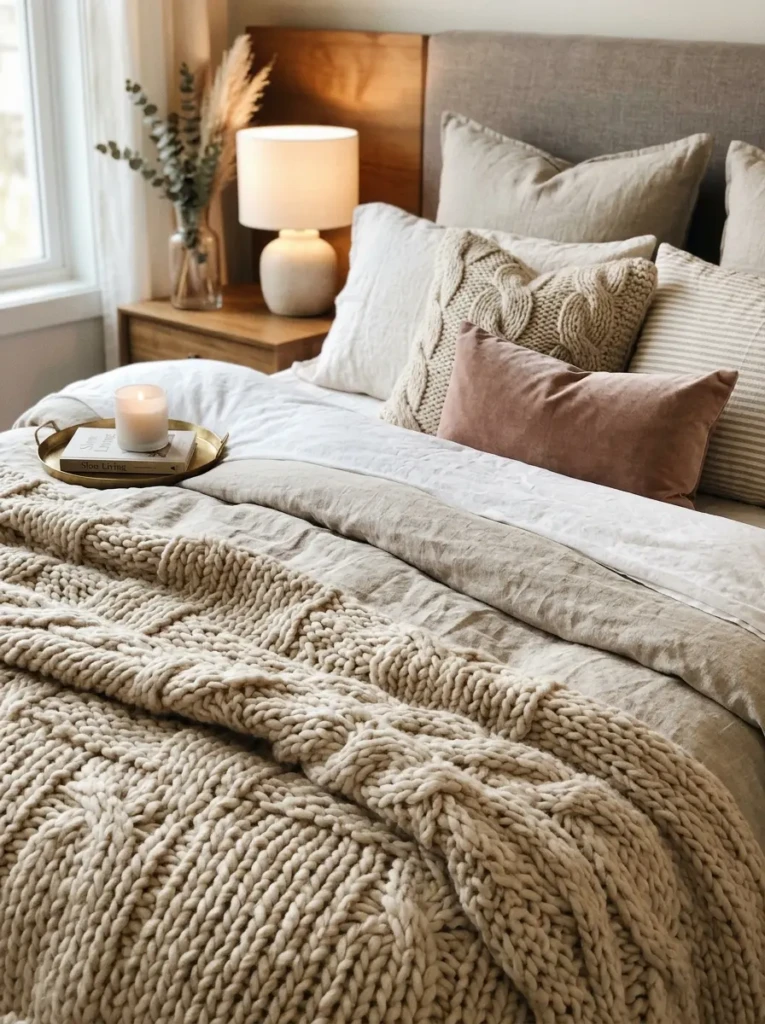 Close-up of chunky wool throw layered on soft cozy bedding