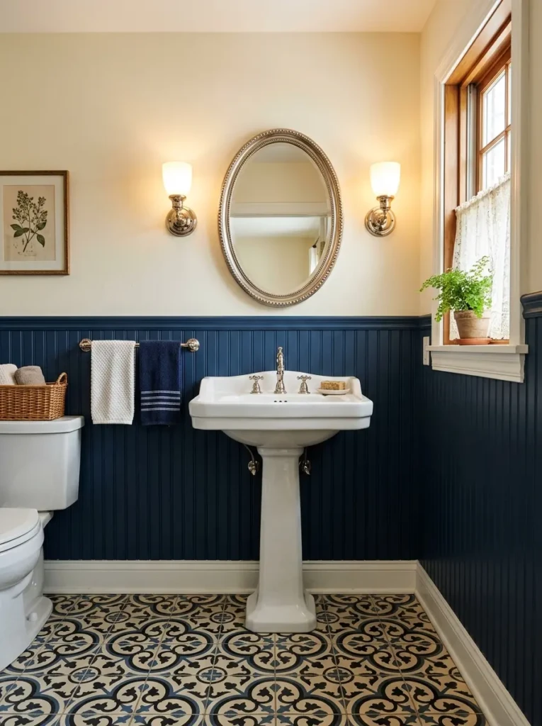Classic bathroom with navy beadboard wainscoting, cream walls, pedestal sink, oval mirror, and patterned floor.