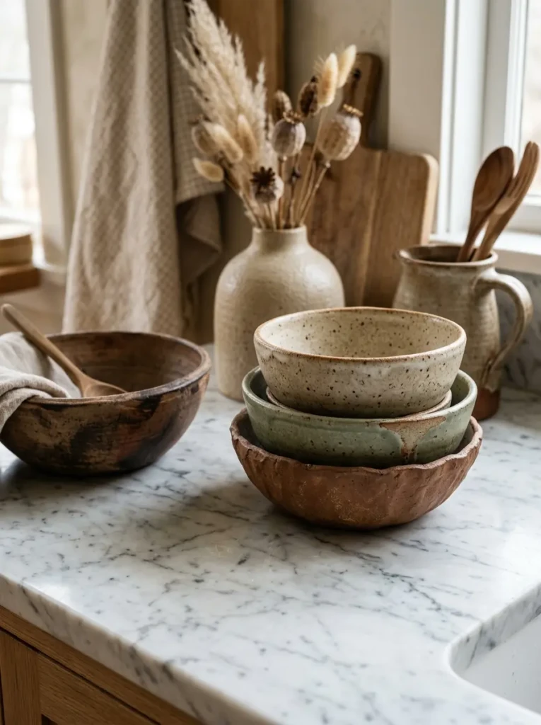 Matte clay bowls and handmade ceramics styled on elegant marble kitchen counter