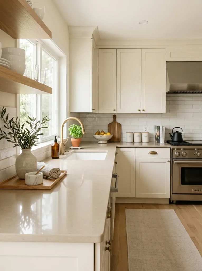 Uncluttered modern kitchen counters with subtle decorative styling.