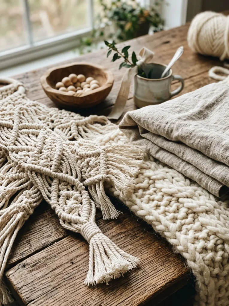 Close-up of macrame, linen, knit fabric, and wood textures creating a rich bohemian feel.