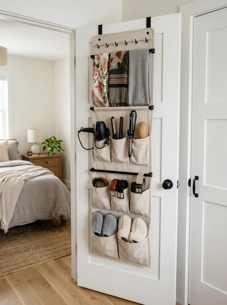 Canvas over-the-door organizer holding scarves, slippers, belts, and small bedroom essentials.