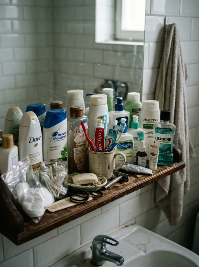 A messy bathroom shelf filled with scattered toiletries and mismatched items creating a cluttered and unorganized look