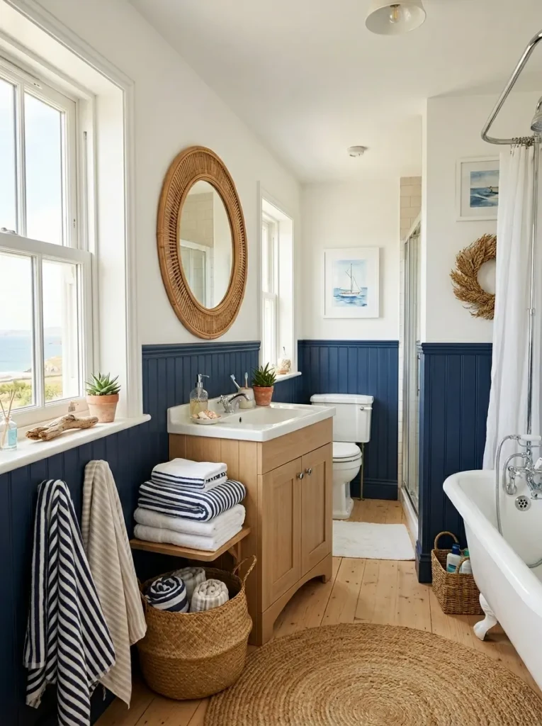 Coastal bathroom with navy beadboard, white walls, rattan mirror, woven baskets, and striped towels.