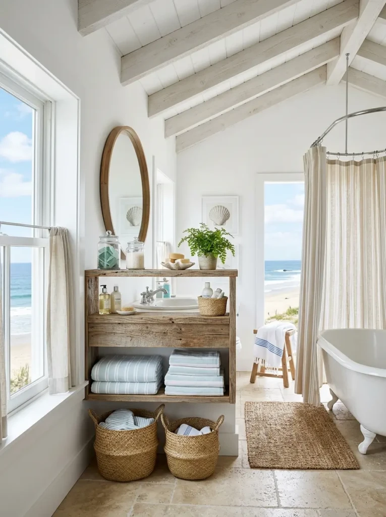 Airy coastal bathroom with white walls, pale blue accents, driftwood shelves, woven baskets, striped towels, and natural light.