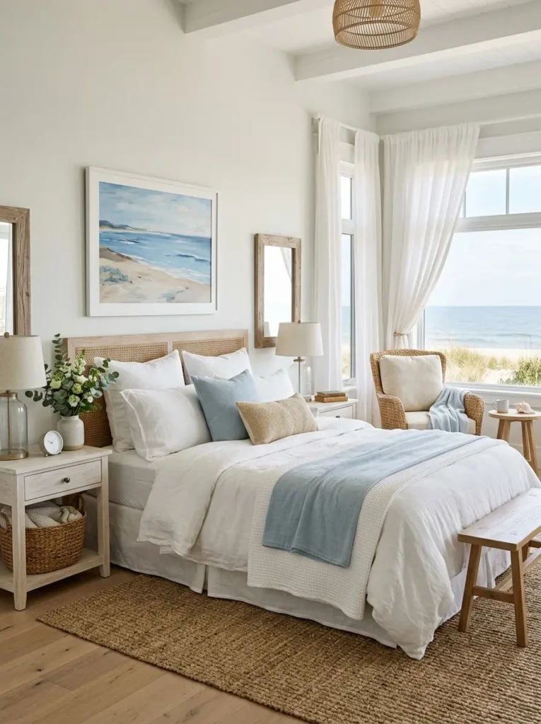 Airy coastal-inspired bed styling with white bedding, soft blue accents, and breezy beach house decor