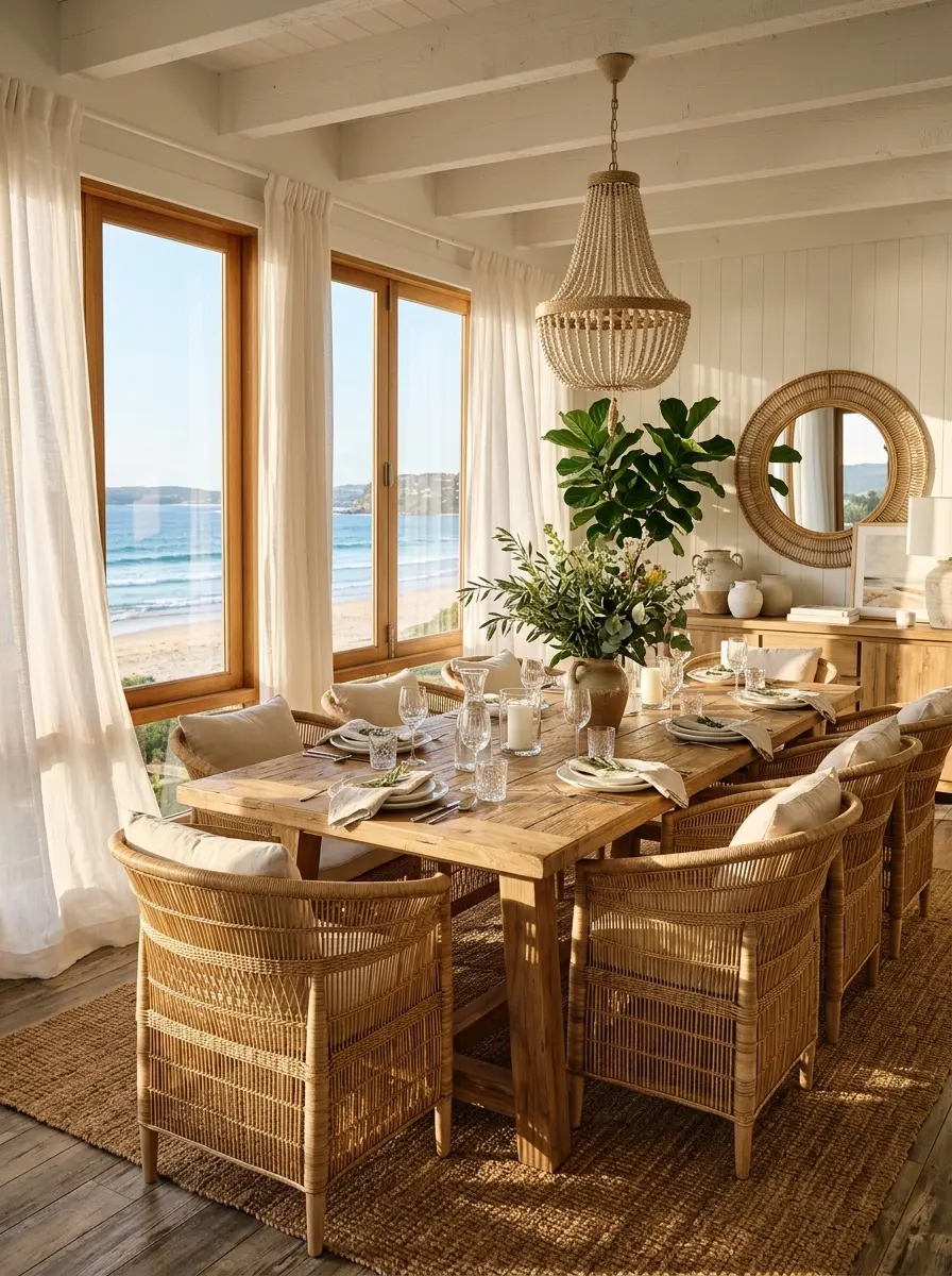 Sunlit coastal dining room with a wooden table, flowing linen curtains, woven accents, and a bright, airy beach-inspired atmosphere.