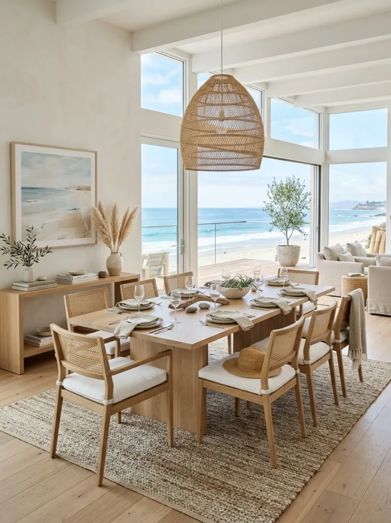 Elegant coastal dining space featuring clean-lined furniture, layered textures, and neutral coastal colors.