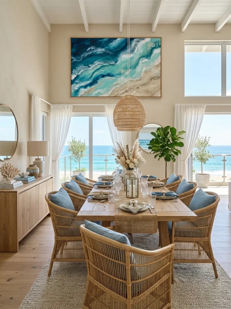 Coastal dining area showcasing oversized seaside artwork, neutral furnishings, and soft blue accents.
