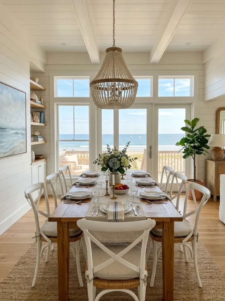 Timeless coastal dining room featuring white chairs, a natural wood dining table, and airy decor.