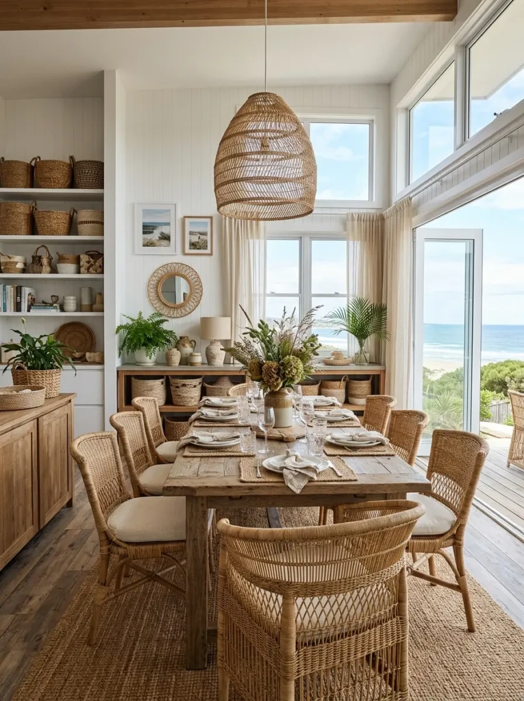 Coastal dining room featuring woven rattan chairs, wicker decor, and natural textured accessories.