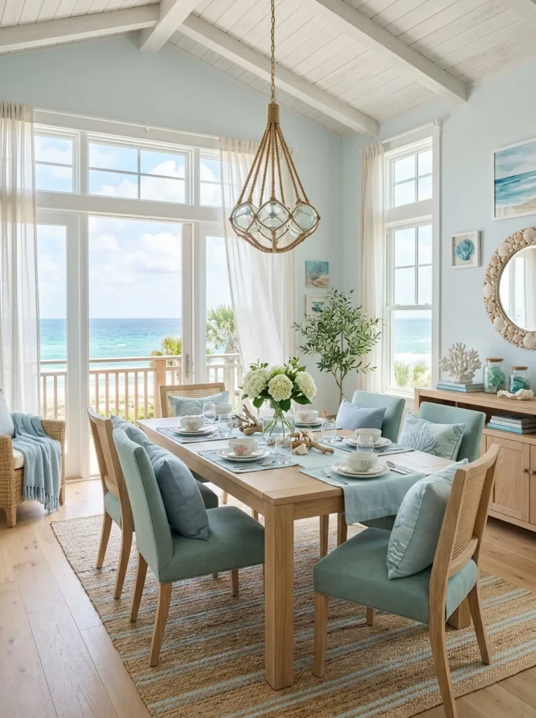 Elegant coastal dining room showcasing seafoam blue accents, light wood furniture, and a calm beach-inspired atmosphere.