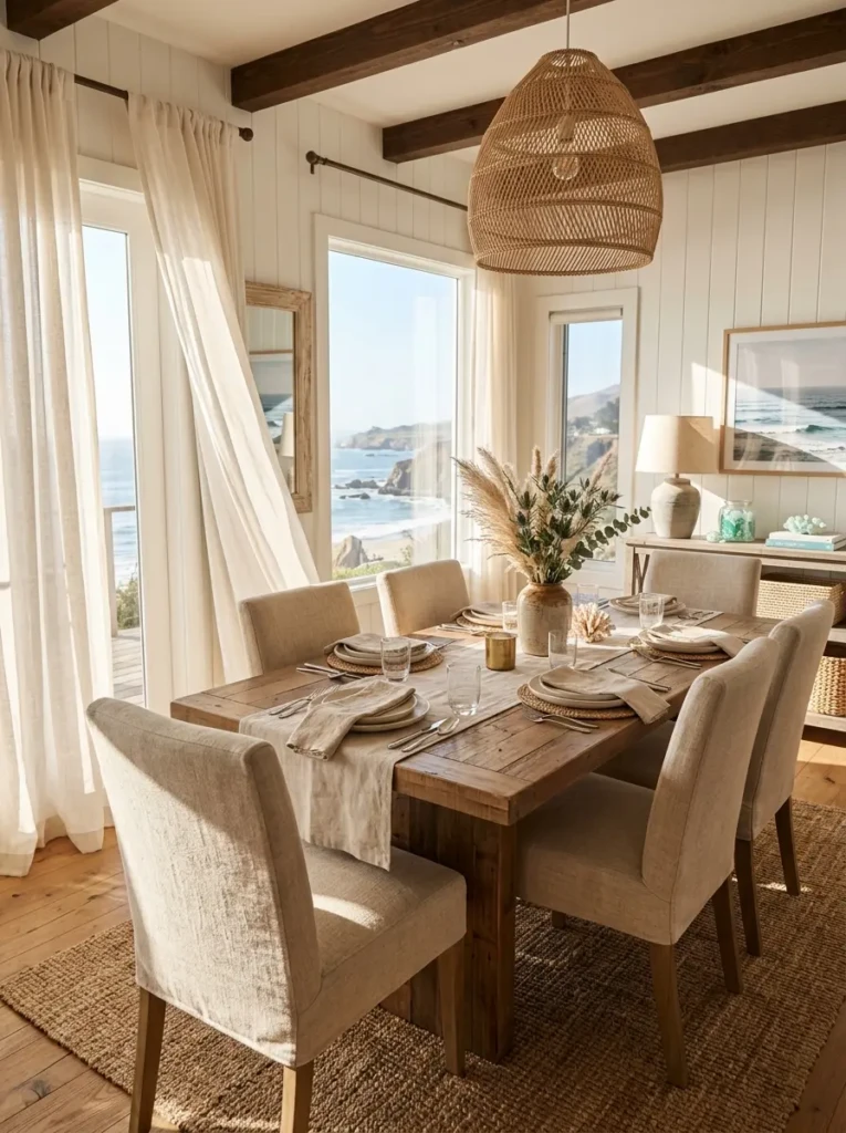 Inviting coastal dining space with linen curtains, upholstered chairs, and soft neutral tones.