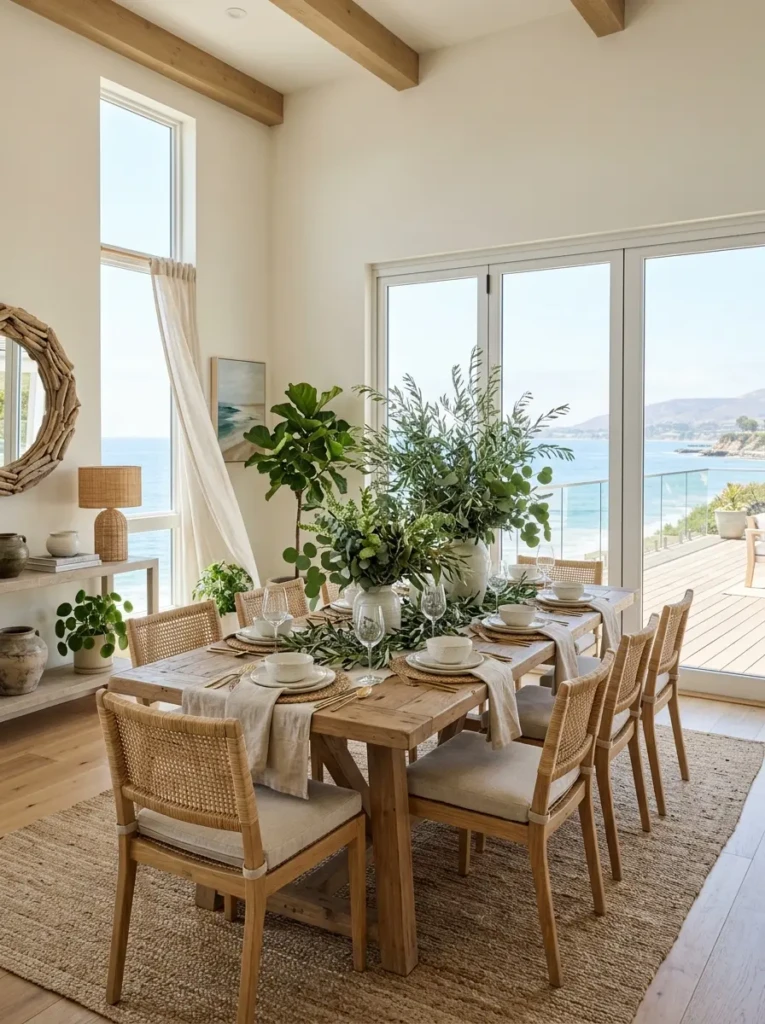 Coastal dining room decorated with eucalyptus branches, olive stems, and lush natural greenery.