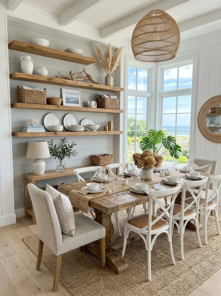 Coastal dining room with open shelves displaying ceramics, woven baskets, and decorative accessories.