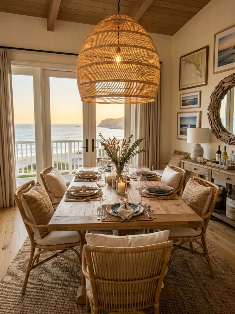 Cozy coastal dining room featuring a large woven rattan pendant light and natural wood furnishings.
