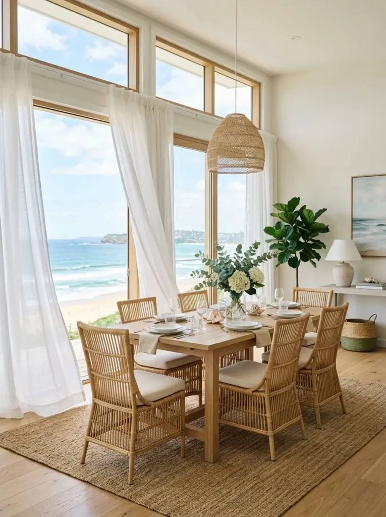 Airy coastal dining room with flowing white curtains, abundant sunlight, and beach-inspired decor.