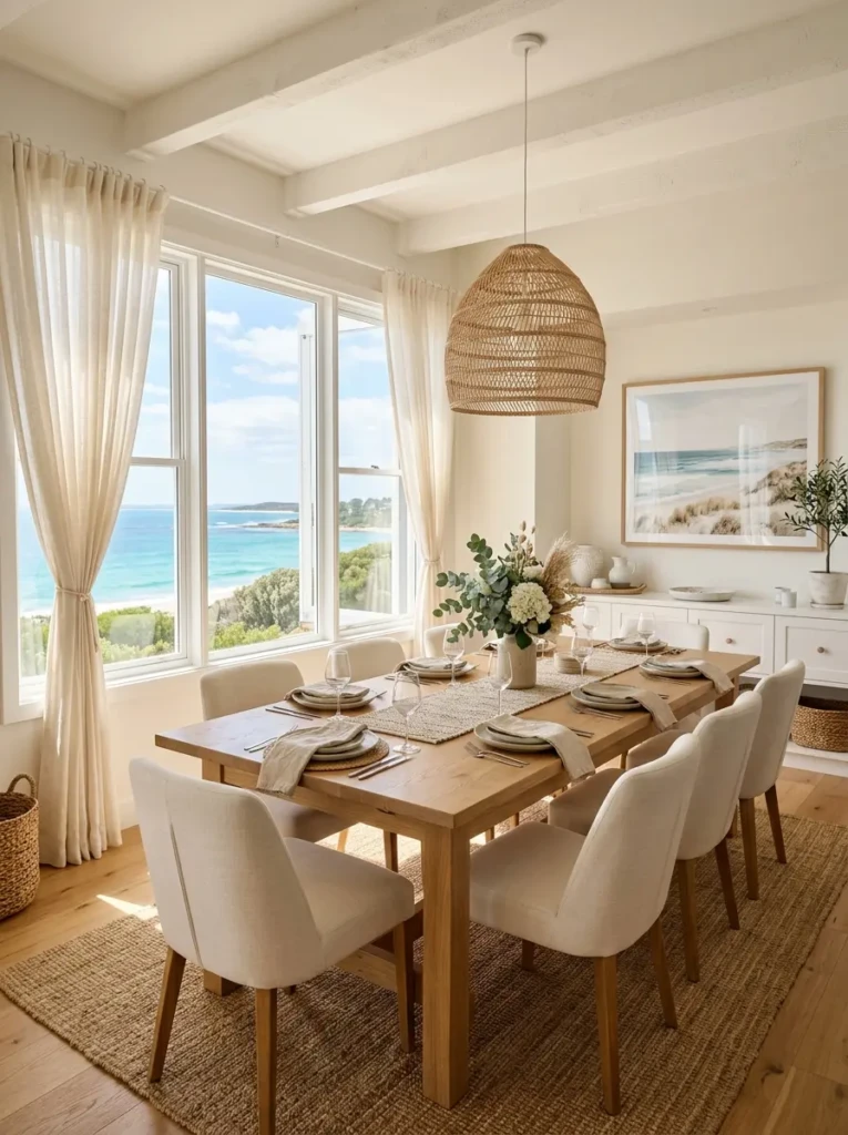 Bright coastal dining room featuring warm white walls, light oak furniture, linen curtains, and abundant natural sunlight.