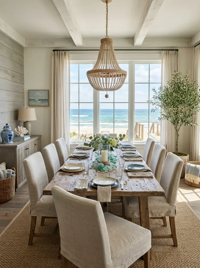 Coastal dining room with a weathered driftwood-style dining table, neutral decor, and soft natural textures.