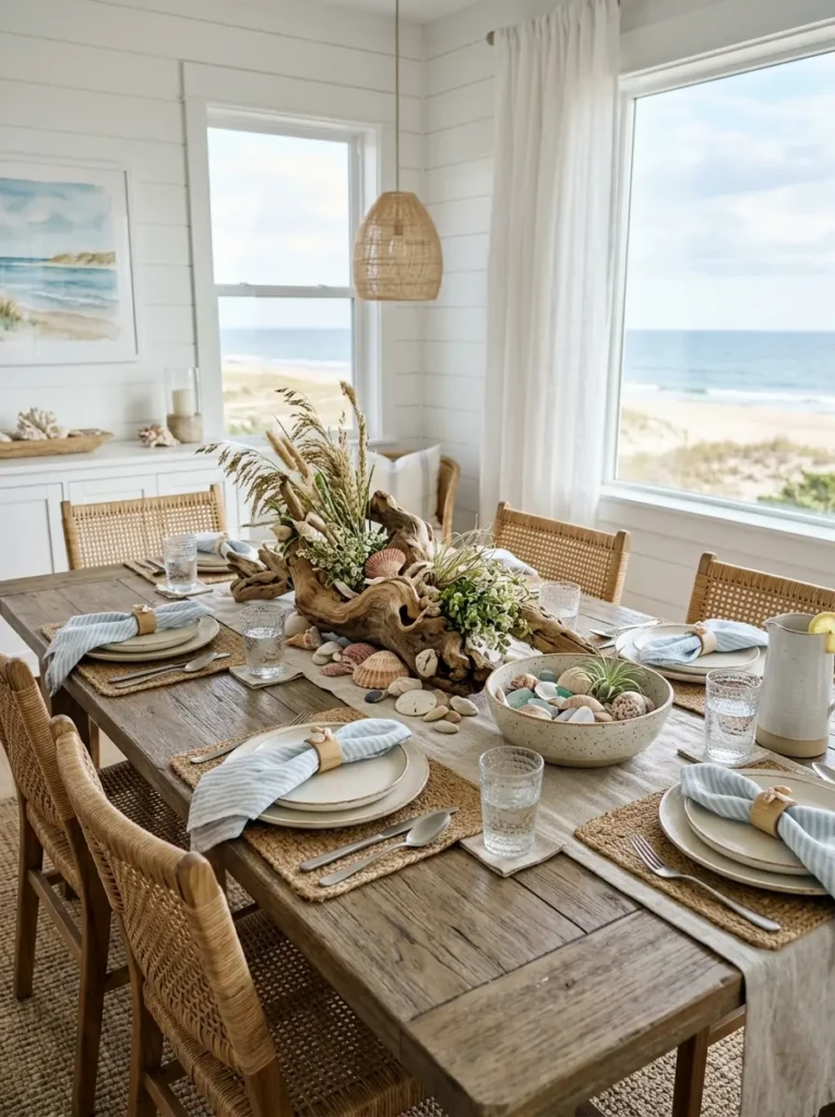 Dining table decorated with driftwood, seashells, and beach grasses in a bright coastal dining room.