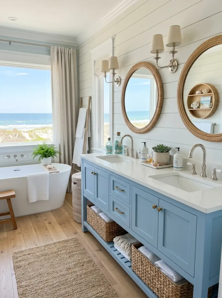 Soft blue double vanity with white countertops, woven textures, and bright coastal-inspired bathroom decor.