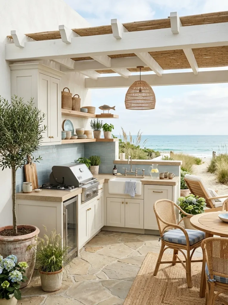Coastal-inspired outdoor kitchen with white cabinetry, woven textures, and soft neutral colors.