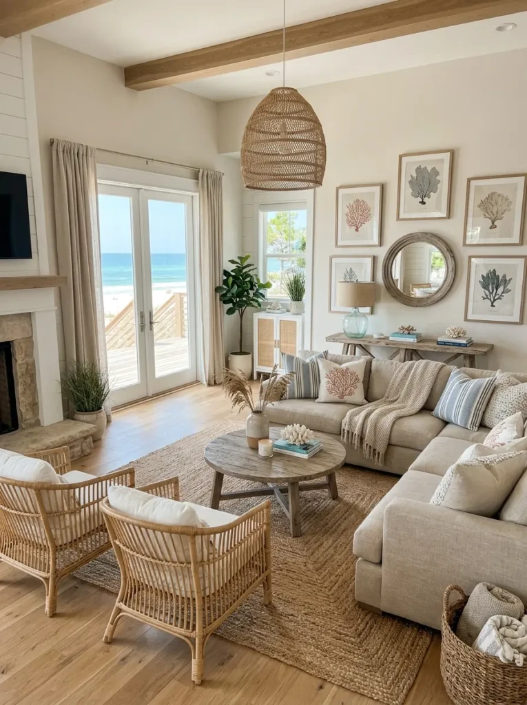 Coastal living room with jute rug, driftwood textures, and coral accents