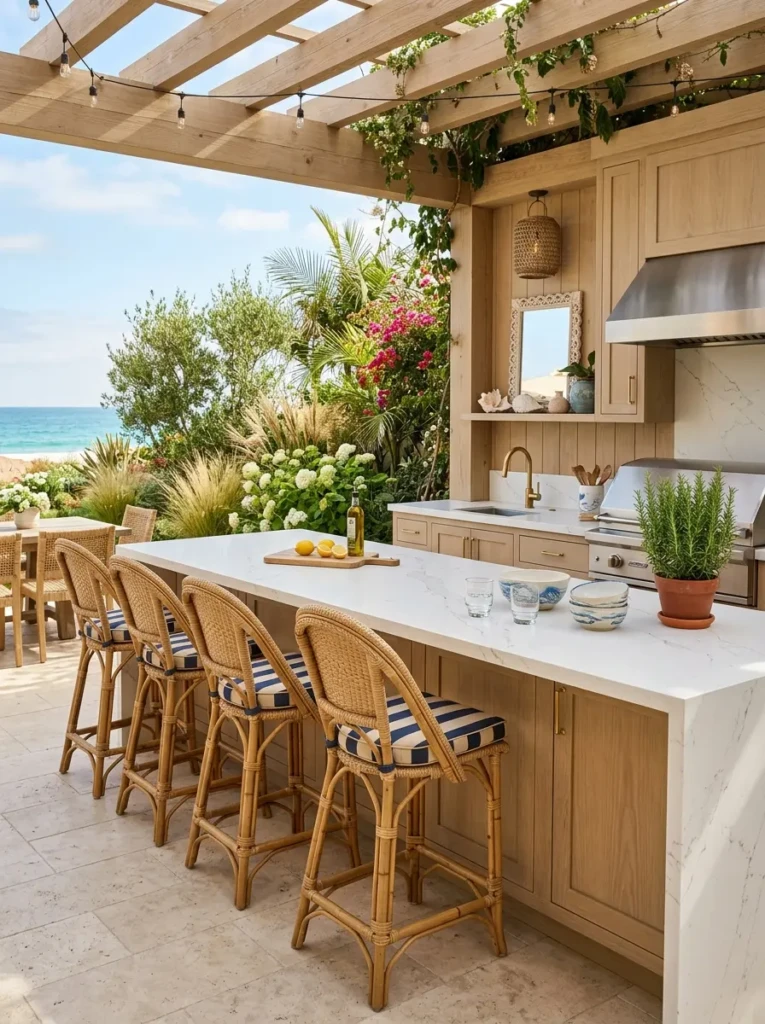 Outdoor kitchen with quartz countertops, wicker bar stools, and coastal decor