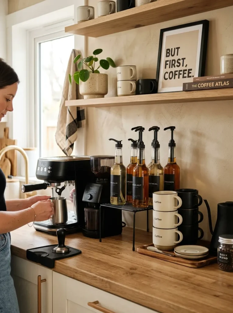 Modern coffee station with glass bottles, neutral mugs, and organized countertop styling.