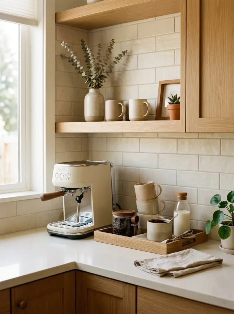 Elegant coffee corner with ceramic mugs, wooden textures, and hidden cords