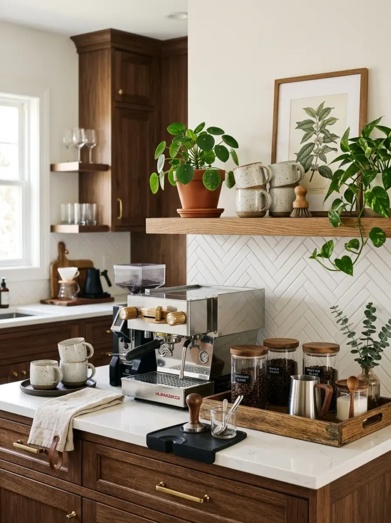 Espresso machine, decorative trays, plants, and organized accessories creating a café-inspired kitchen corner.