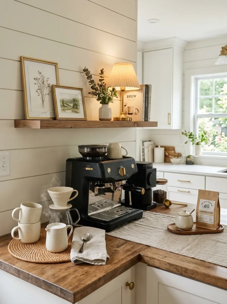 Elegant coffee corner with creamy ceramics matte coffee maker and layered kitchen decor