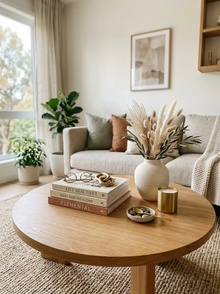 Neutral coffee table decor with brass accents and calming earthy color palette