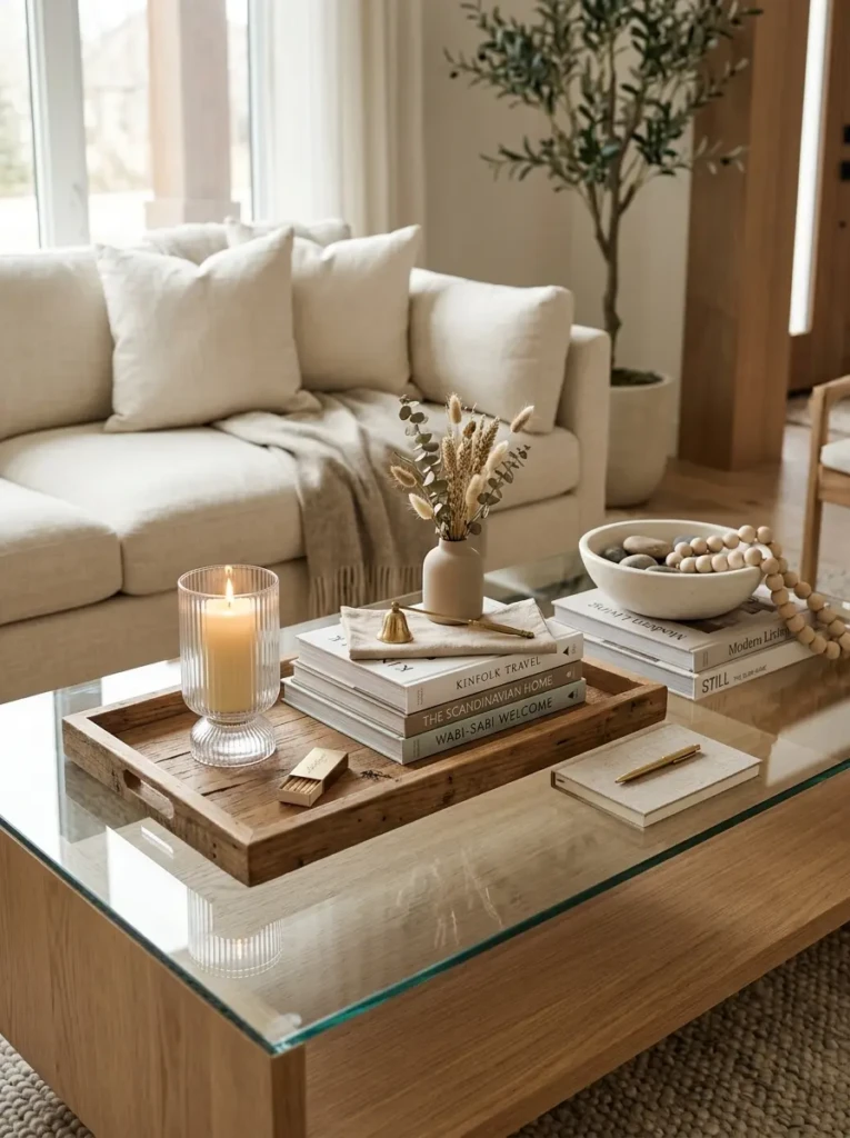 Elegant coffee table styling with glass, wood, and linen decor accents