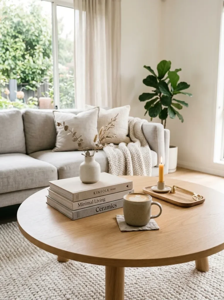 Stoneware ceramics and simple neutral textures styled on uncluttered coffee table