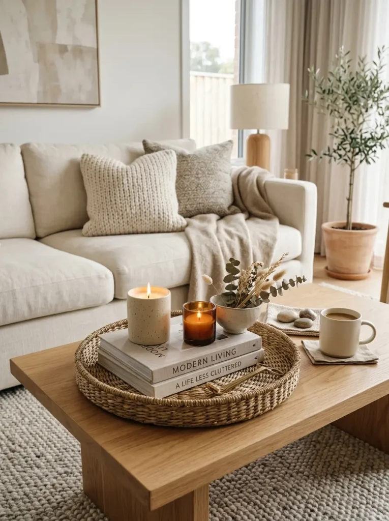 Neutral coffee table styling with tray decor, books, candles, and organic textures.