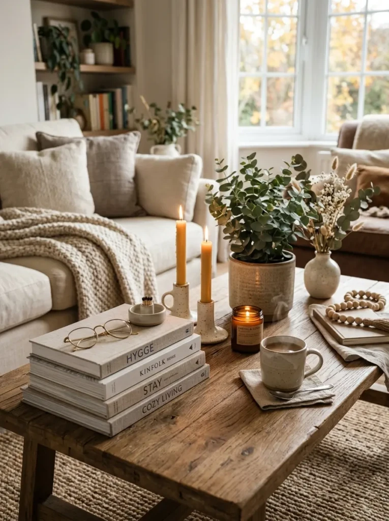 Styled coffee table with candles, books, greenery, and cozy timeless decor