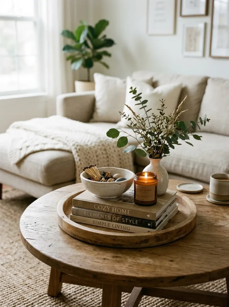 Wooden coffee table styled with tray, stacked books, candle, ceramic bowl, and small greenery vase.