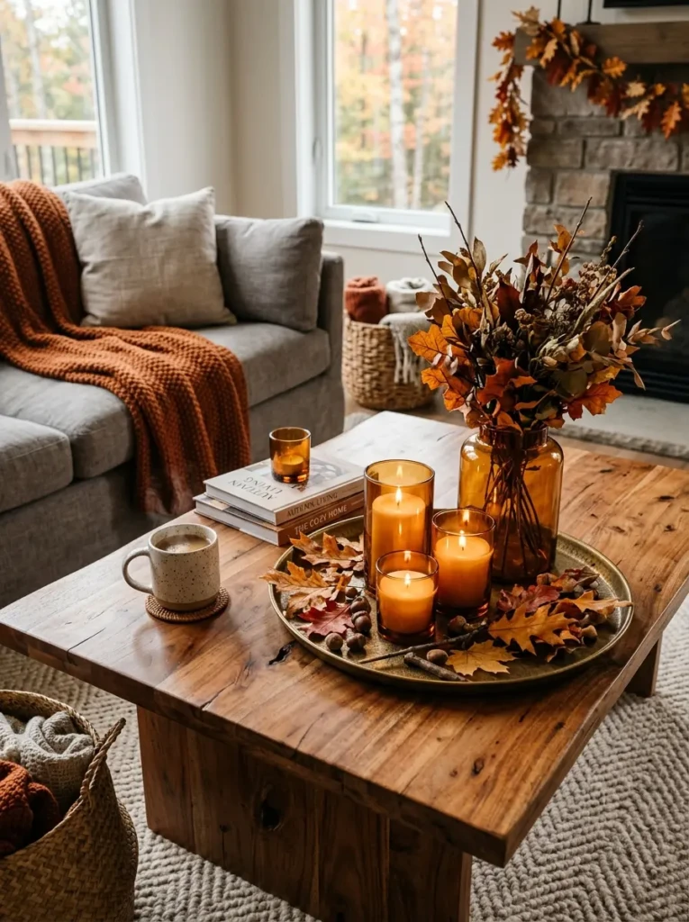 Autumn coffee table styling with amber glass, candles, and dried leaves