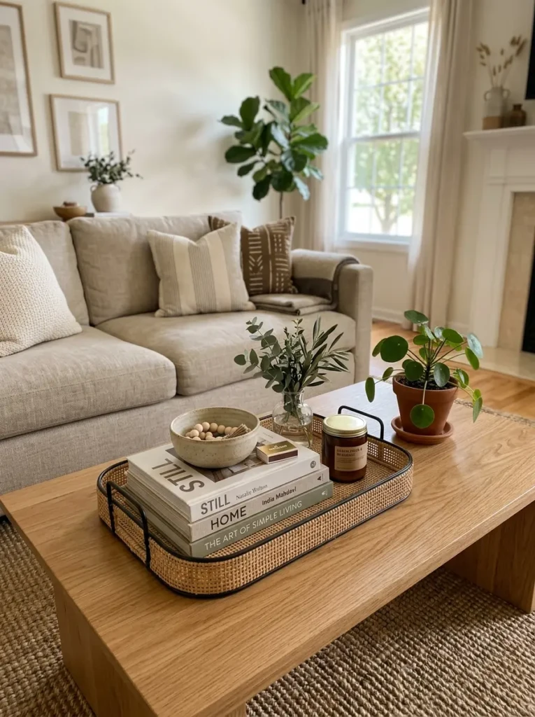 Coffee table styled with tray, stacked books, ceramic bowl, candle, small vase, and greenery.