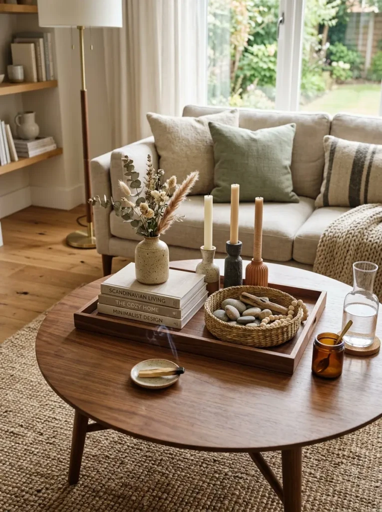 Elegant walnut tray with woven accents and candles on neutral coffee table