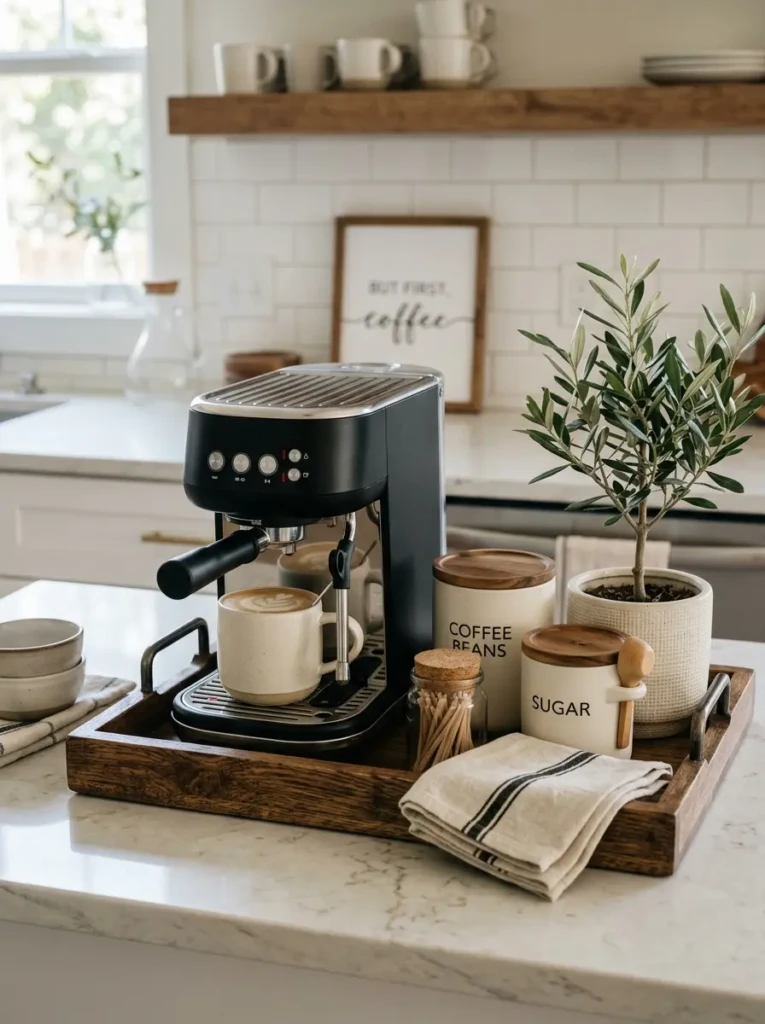 Compact coffee station with wooden tray, greenery, and neutral kitchen decor accents