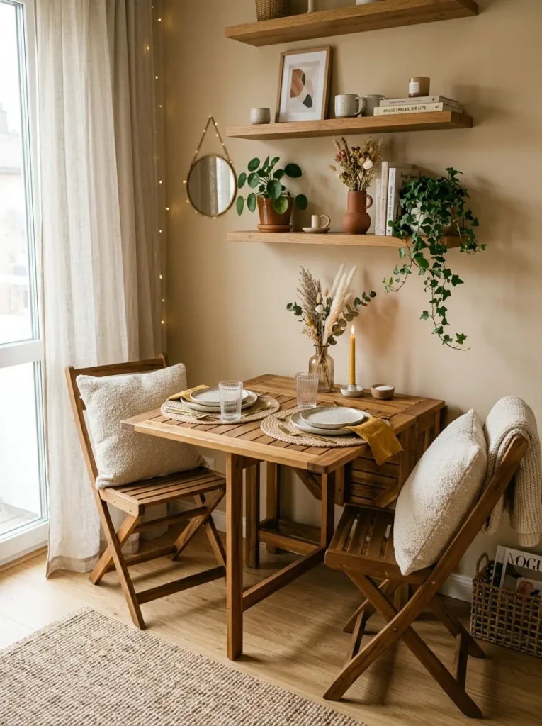 Compact dining setup with foldable furniture, floating shelves, and cozy textures.