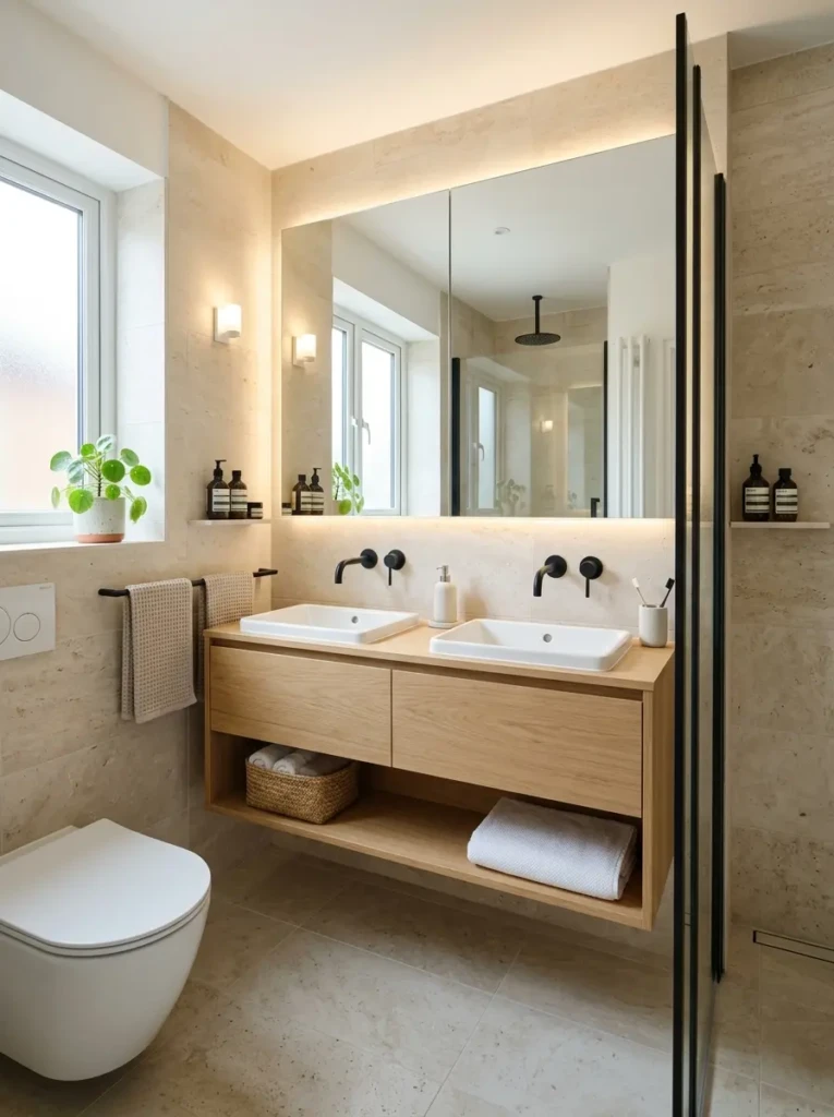 Small double sink bathroom with a slim floating vanity, wall-mounted faucets, large mirror, light tile, and bright airy design.