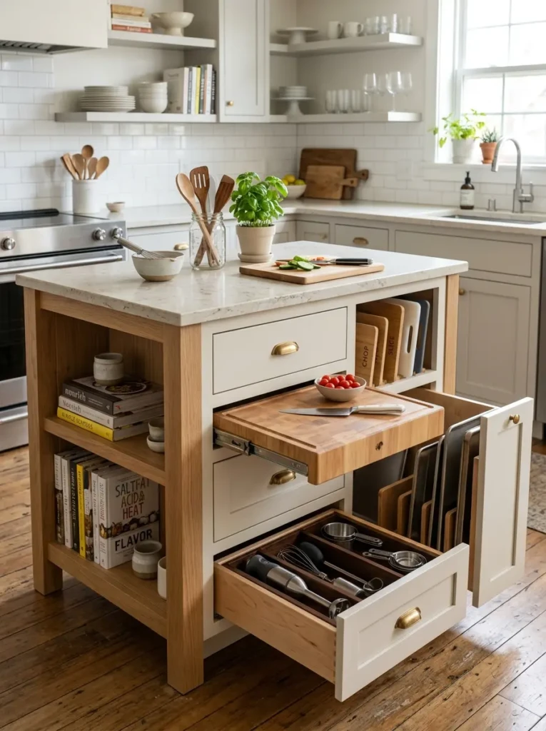 Compact kitchen island featuring pull-out boards, tray storage, and elegant open shelving.
