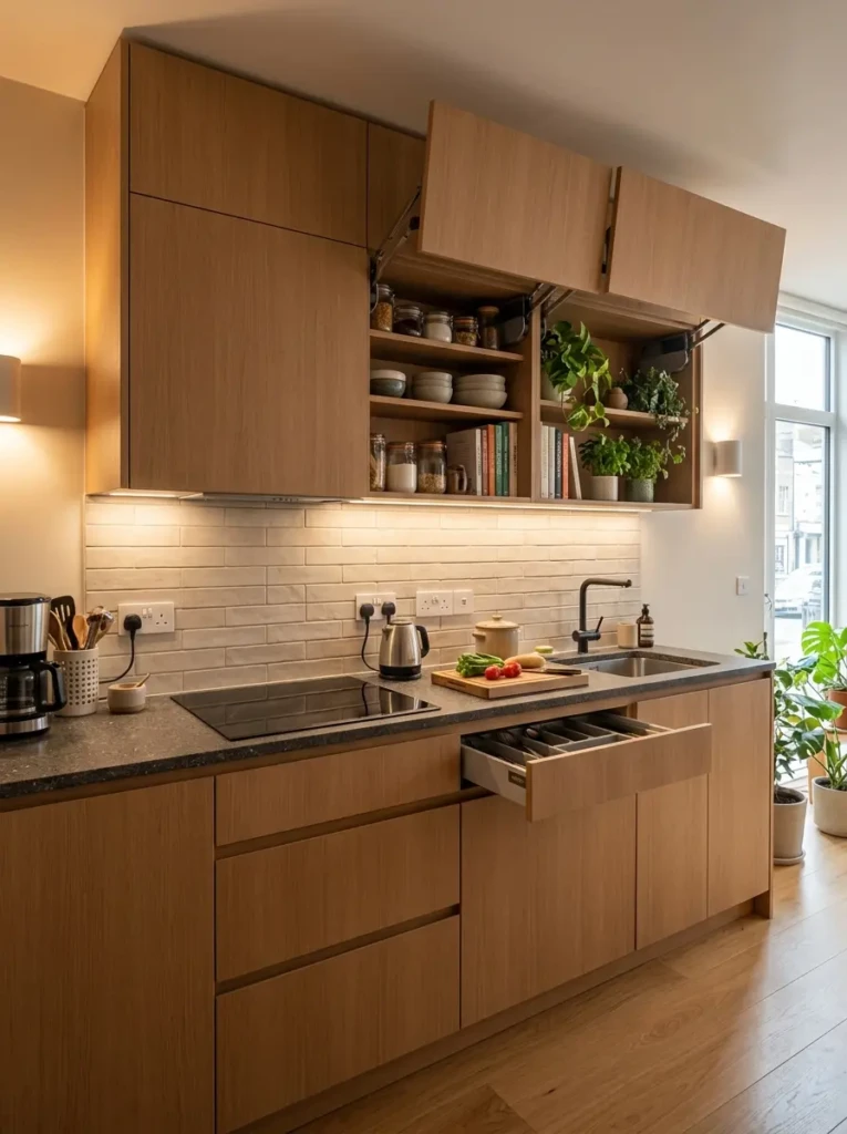 Compact kitchen featuring integrated storage, flat-front cabinets, and soft ambient lighting.