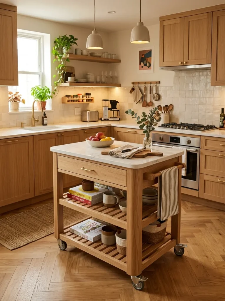 Compact kitchen featuring movable island cart and cozy modern styling